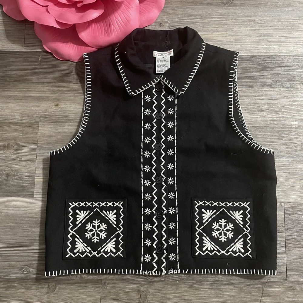 VTG TALBOTS Womens Sz M Wool Blend Embroidered Snowflakes Whipstitch Vest Xmas